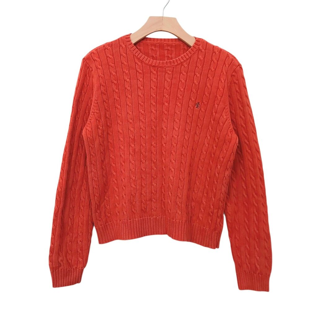 Lauren Ralph Lauren Cable Knit Sweater Womens Medium Orange Crewneck Preppy